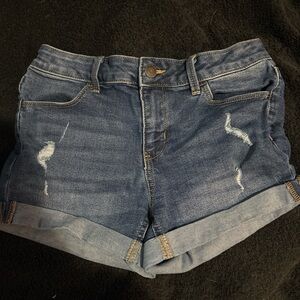 SO Women's Distressed Rolled-Hem Jean Shorts - Blue